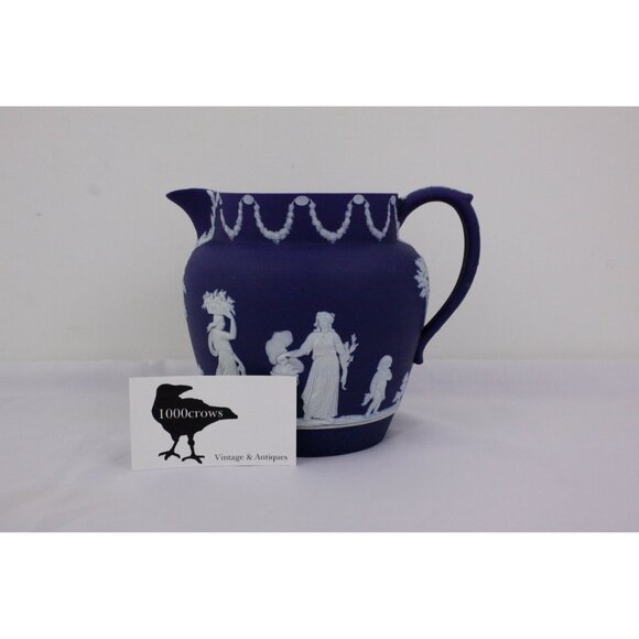 Antique Wedgwood Jasperware Dutch jug 6”, 1906 dark cobalt blue pitcher - Picture 9 of 10